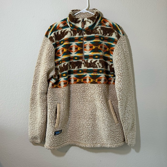 Simply Southern Tops - Simply Southern Quarter Zip Sherpa Cream Pullover Bear Southwest Print